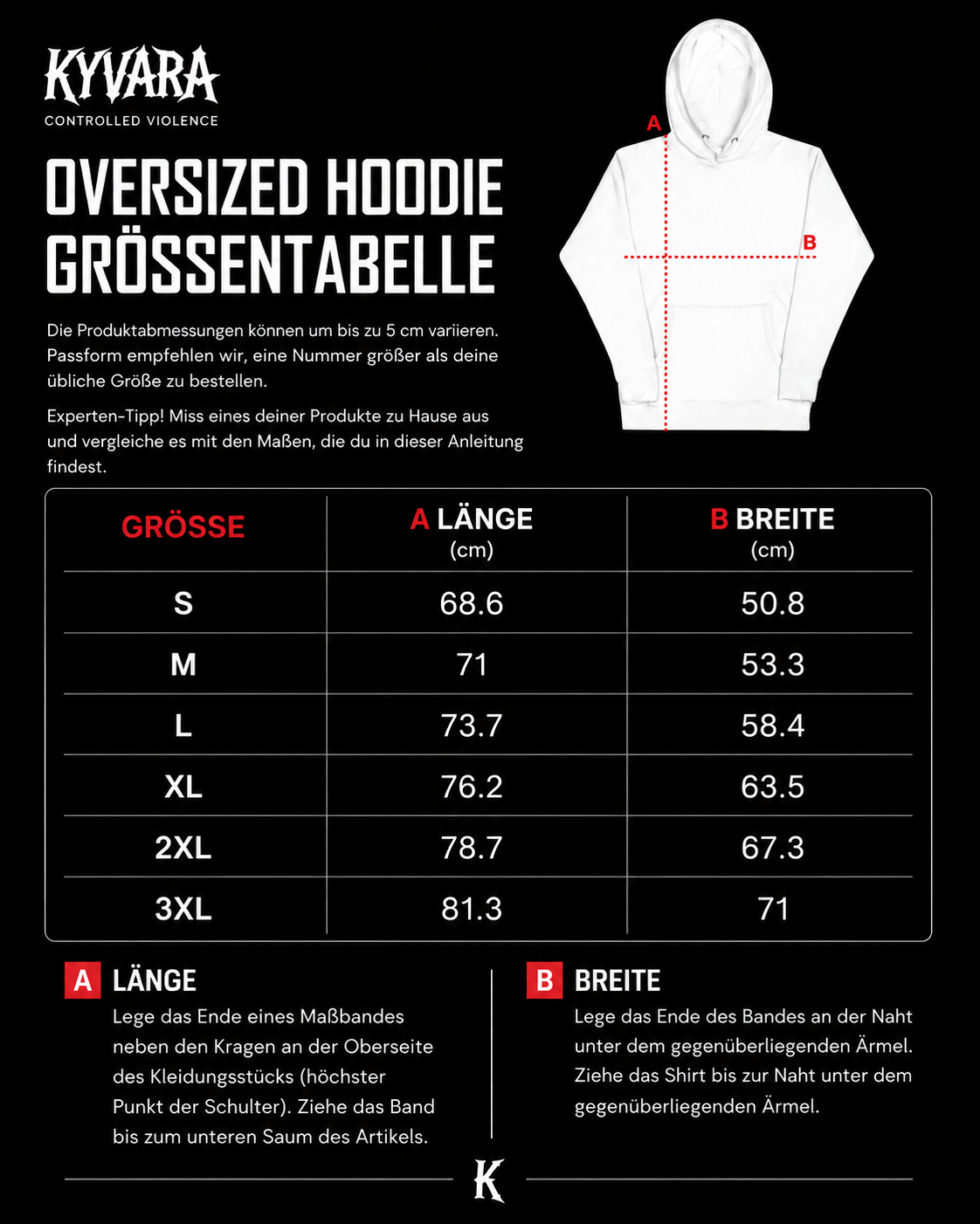 KYVARA Hoodie Größentabelle