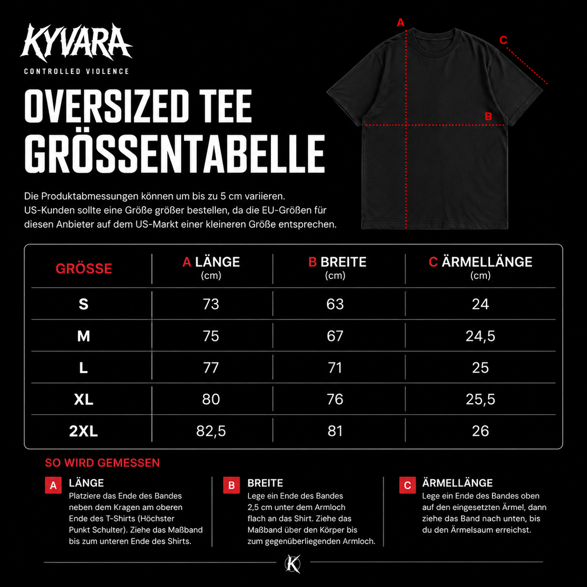 KYVARA Oversized Tee Größentabelle