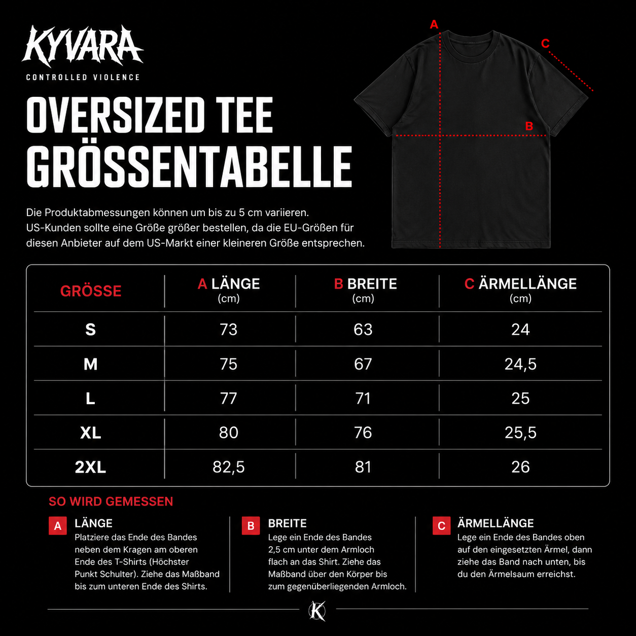 KYVARA Oversized Tee Größentabelle