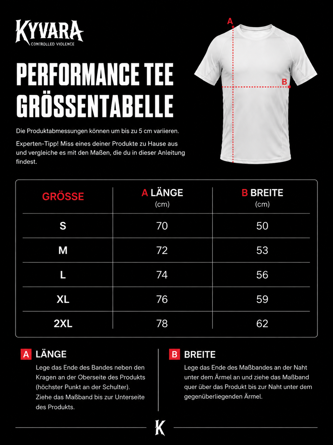 KYVARA Performance Tee Größentabelle