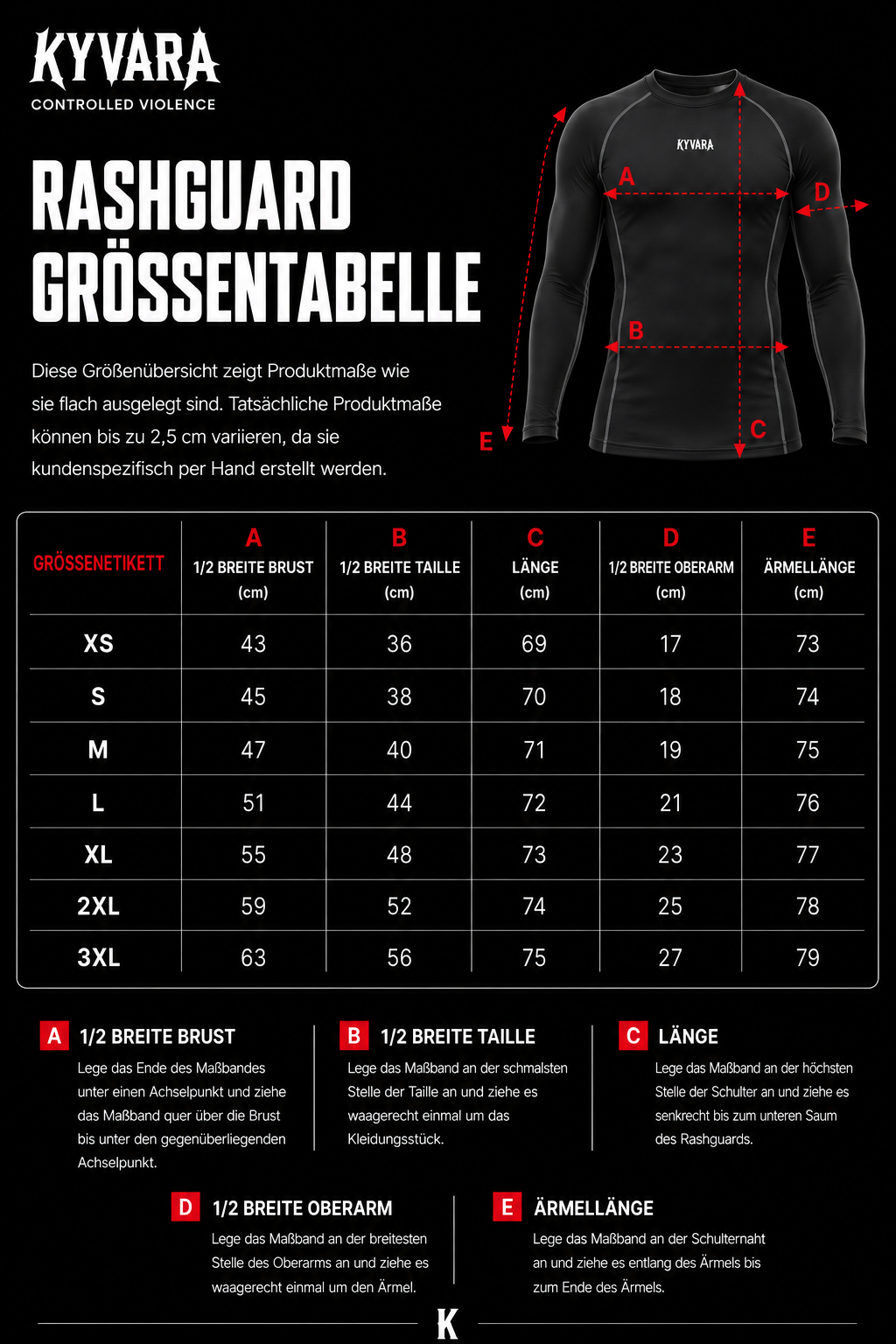 KYVARA Rashguard Größentabelle